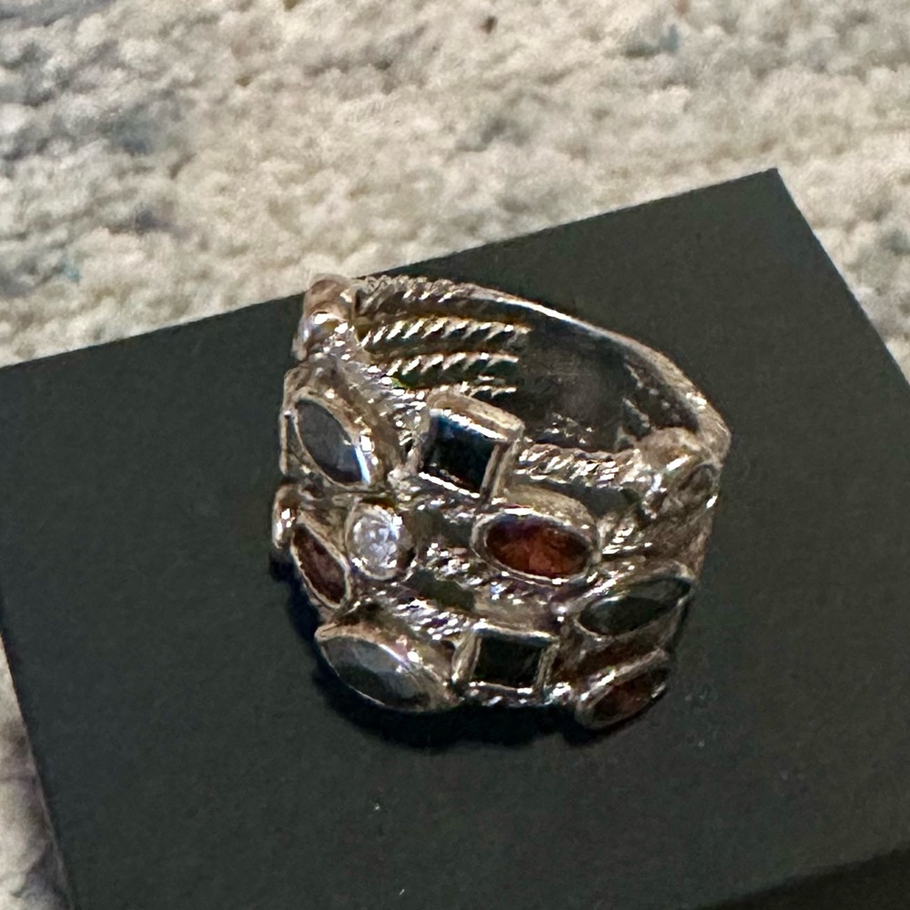 Sterling silver (925) multi-colored gemstone ring. Size 7.